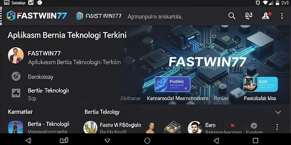 Antarmuka aplikasi FASTWIN77 menampilkan berita teknologi terkini dengan desain menarik.