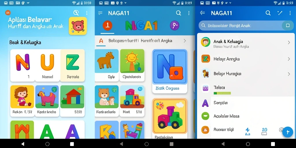 Tampilan aplikasi NAGA11 yang interaktif untuk belajar huruf dan angka.