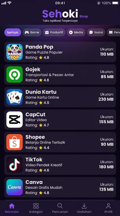 Tampilan katalog aplikasi sehoki